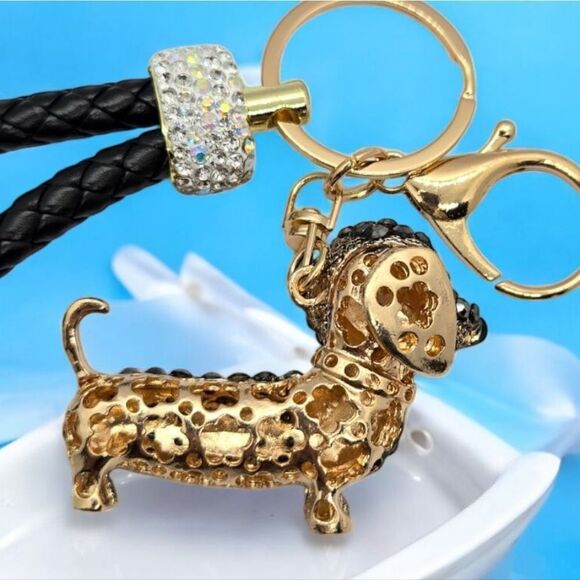 Glitzy Black Wiener Dog Bag Clip Keychain Dachshund Rhinestone Keyring Charm NEW - Picture 4 of 8